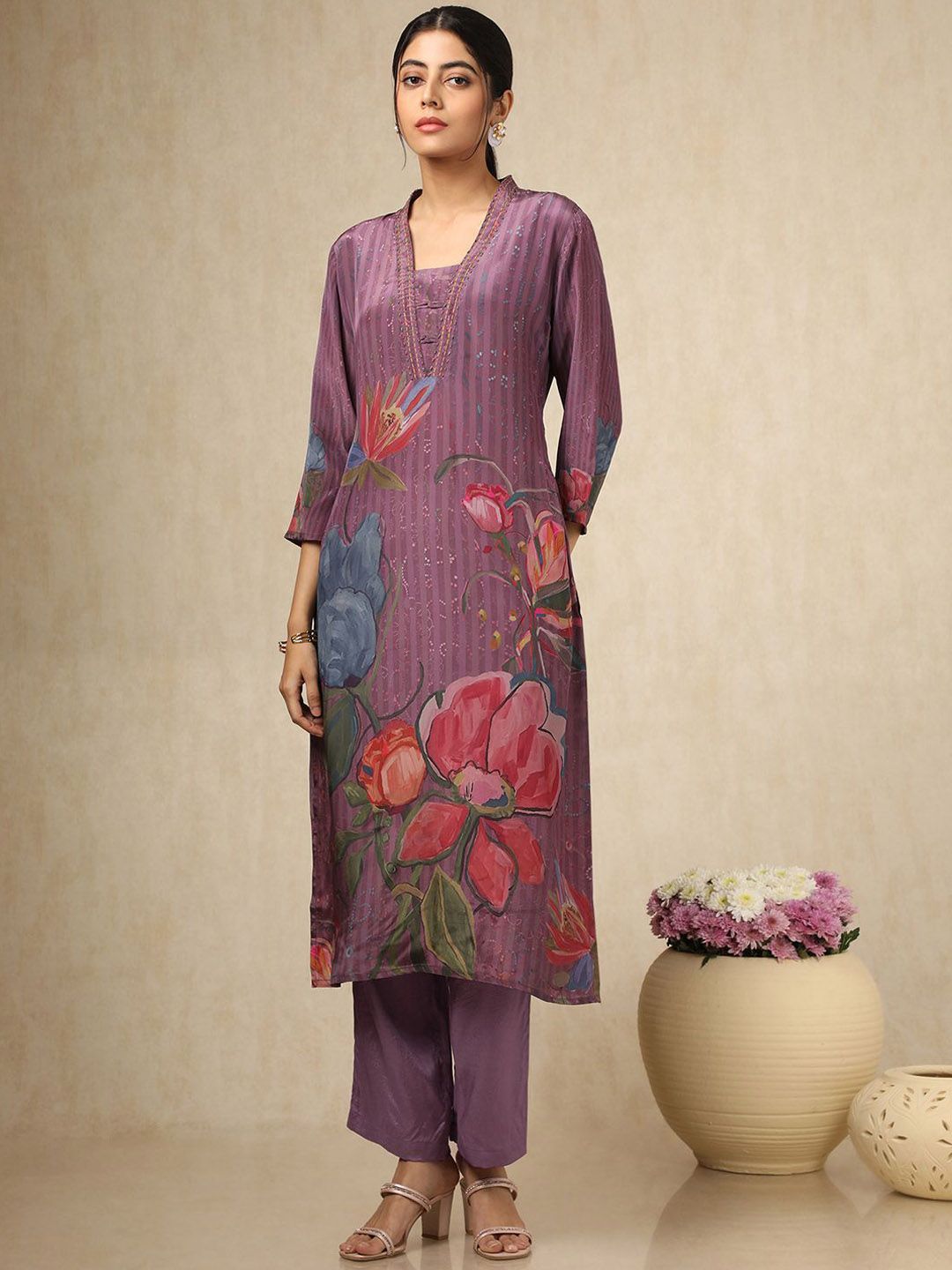 Dhiyona SO Women's Floral Printed Square Neck Beads and Stones Silk Crepe Kurta With Trousers & Dupatta