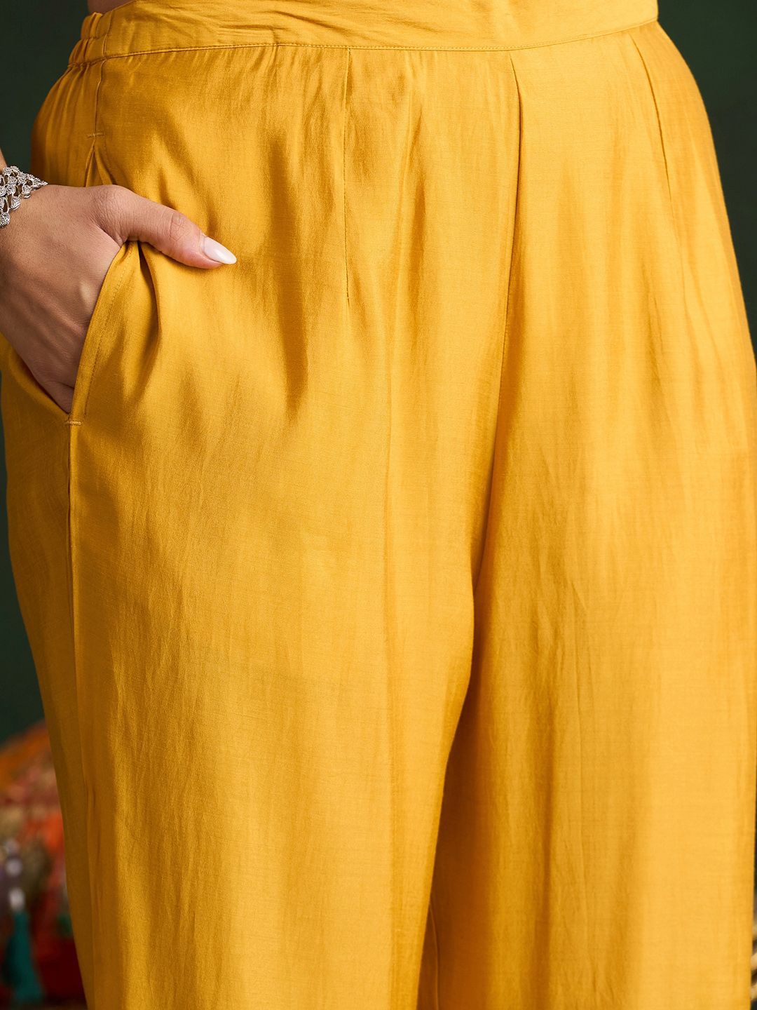 Dhiyona IE Mustard Yellow Floral Embroidered Straight Kurta with Trousers & Dupatta
