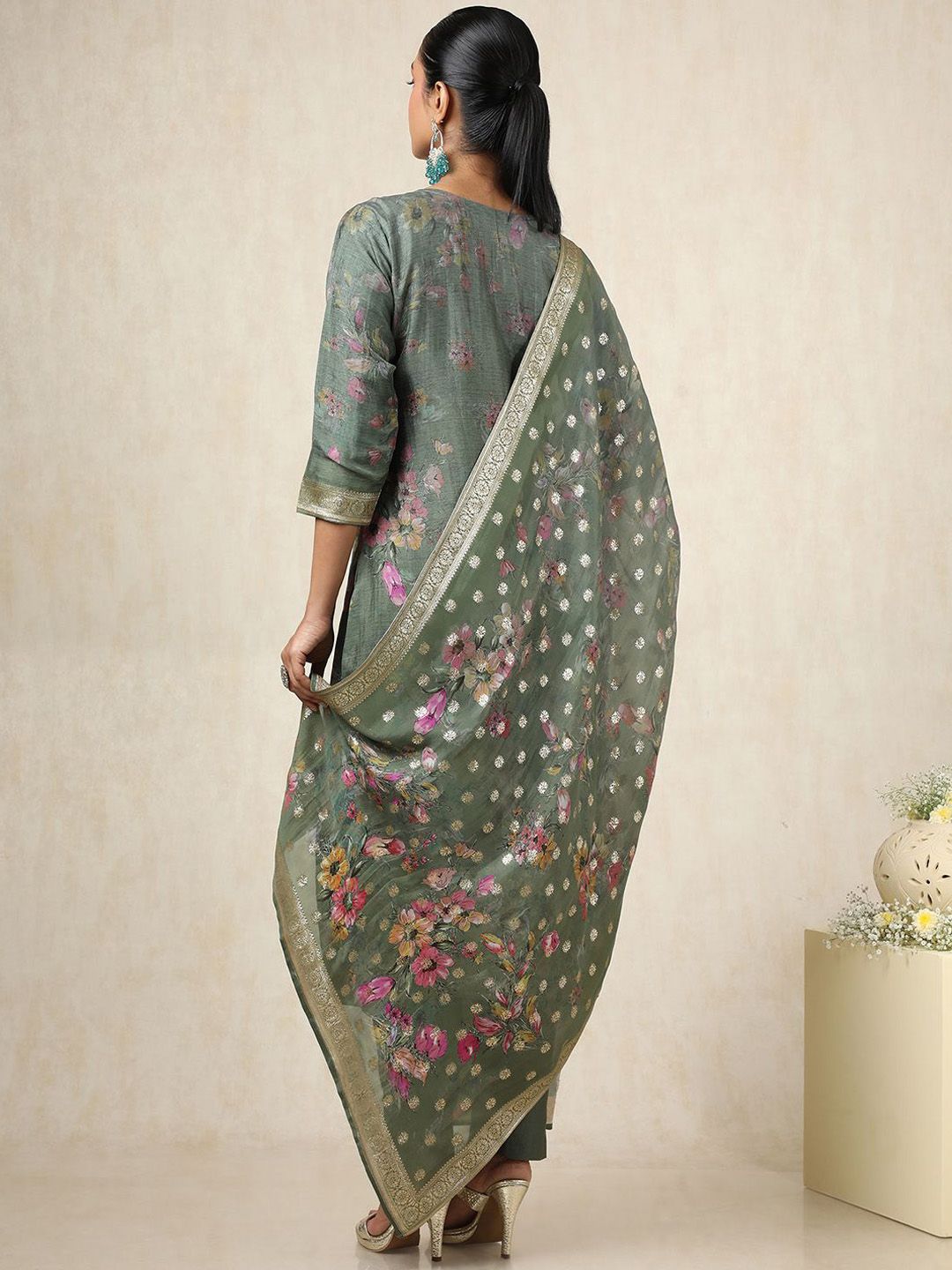 Dhiyona SO Women's Floral Printed Mirror Work Straight Kurta With Trousers & Dupatta