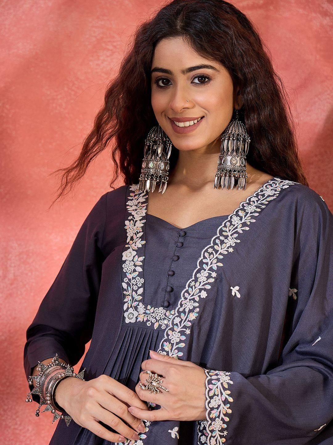 Dhiyona SN Women's Floral Yoke Design Thread Work A-Line Kurta With Trouser And Dupatta