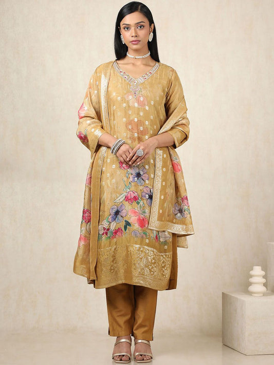 Dhiyona SO Women's Floral Botanical Printed V-Neck Thread Work Brocade Kurta With Trousers & Dupatta