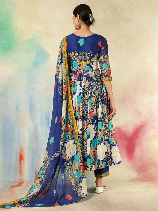 Women's Floral Printed Pure Cotton Anarkali Kurta With Trousers And Dupatta