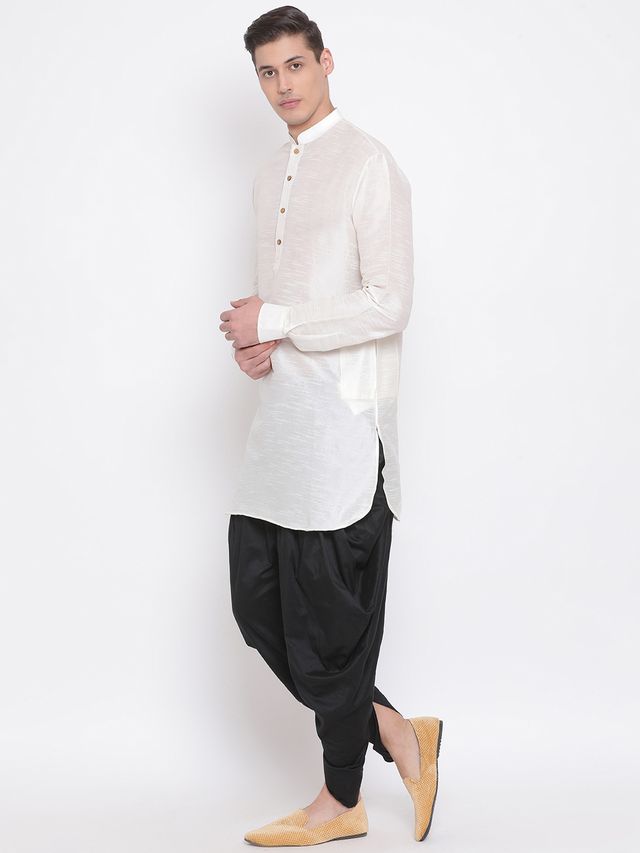 Men's Cream Silk Blend Pathani Kurta and Dhoti Set