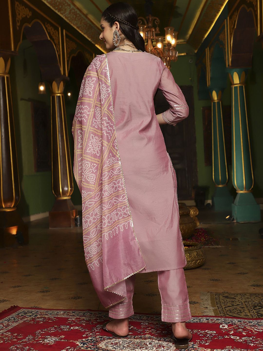 Dhiyona SN Women's Mauve Floral Embroidered Round Neck Straight Kurta With Trouser & Dupatta