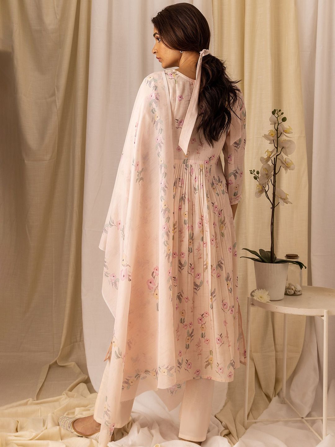 Dhiyona OD Floral Printed Pleated Style A-Line Kurta With Trousers & Dupatta