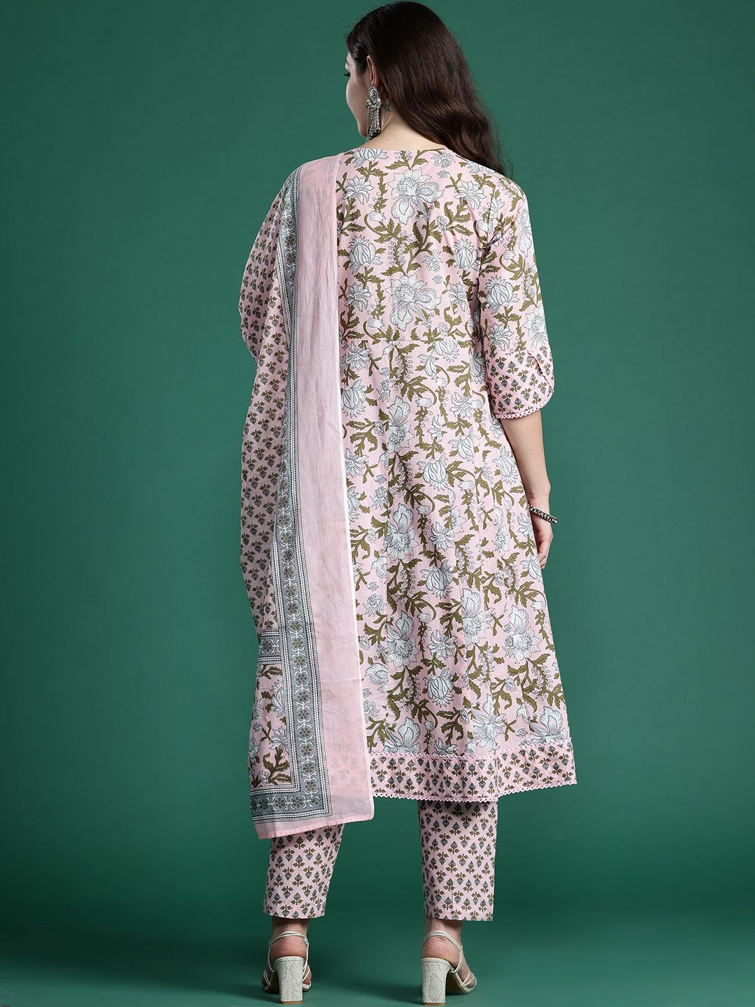 Floral Printed Angrakha Beads and Stones Pure Cotton Kurta Set & With Dupatta