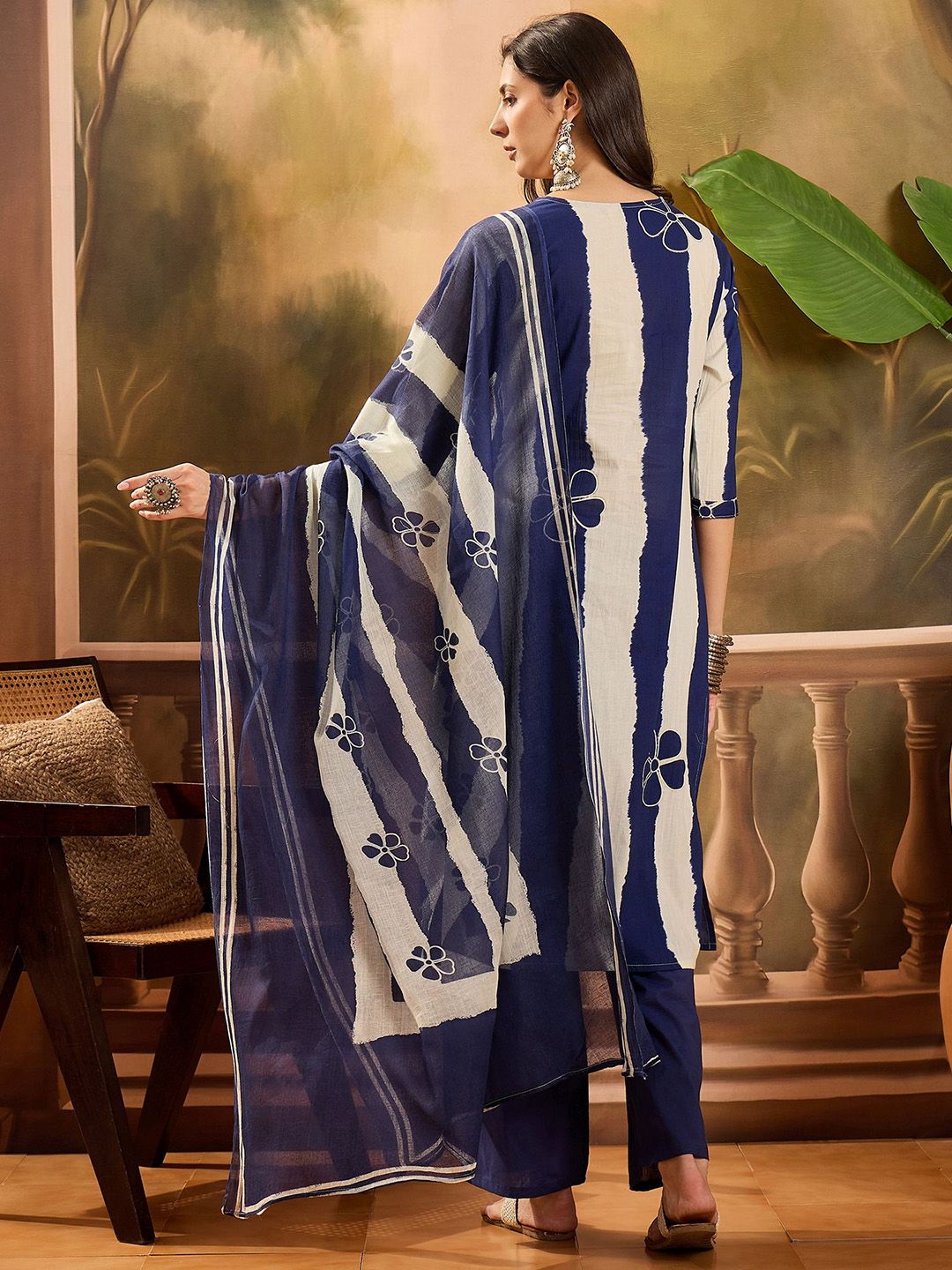 Dhiyona SN Women's Floral Printed V-Neck Pure Cotton Straight Kurta With Trousers And Dupatta