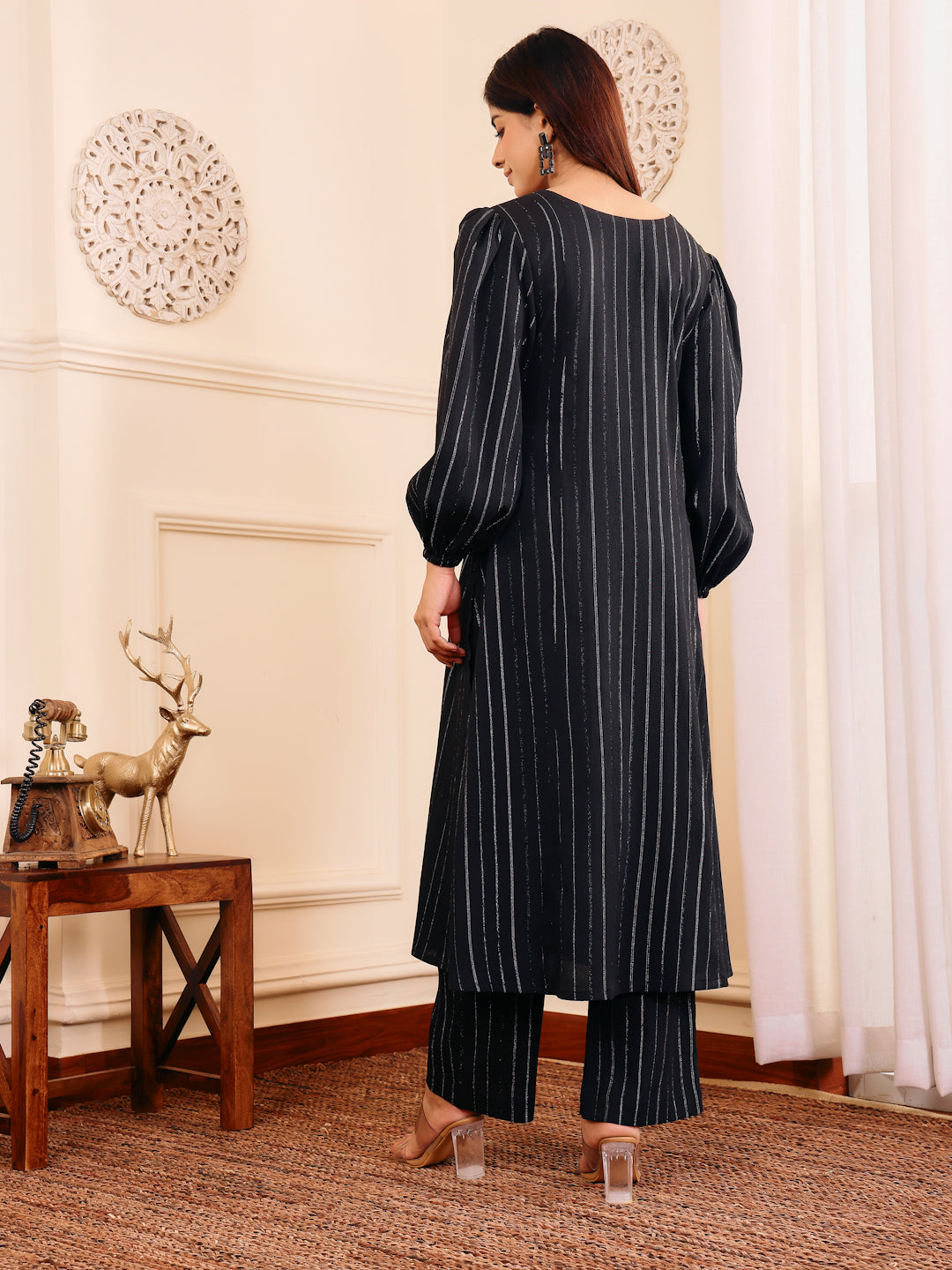 Dhiyona VR Women's Black Lurex A- Line Kurta With Trousers