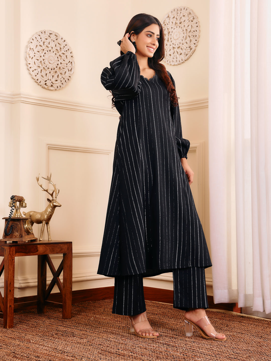 Dhiyona VR Women's Black Lurex A- Line Kurta With Trousers