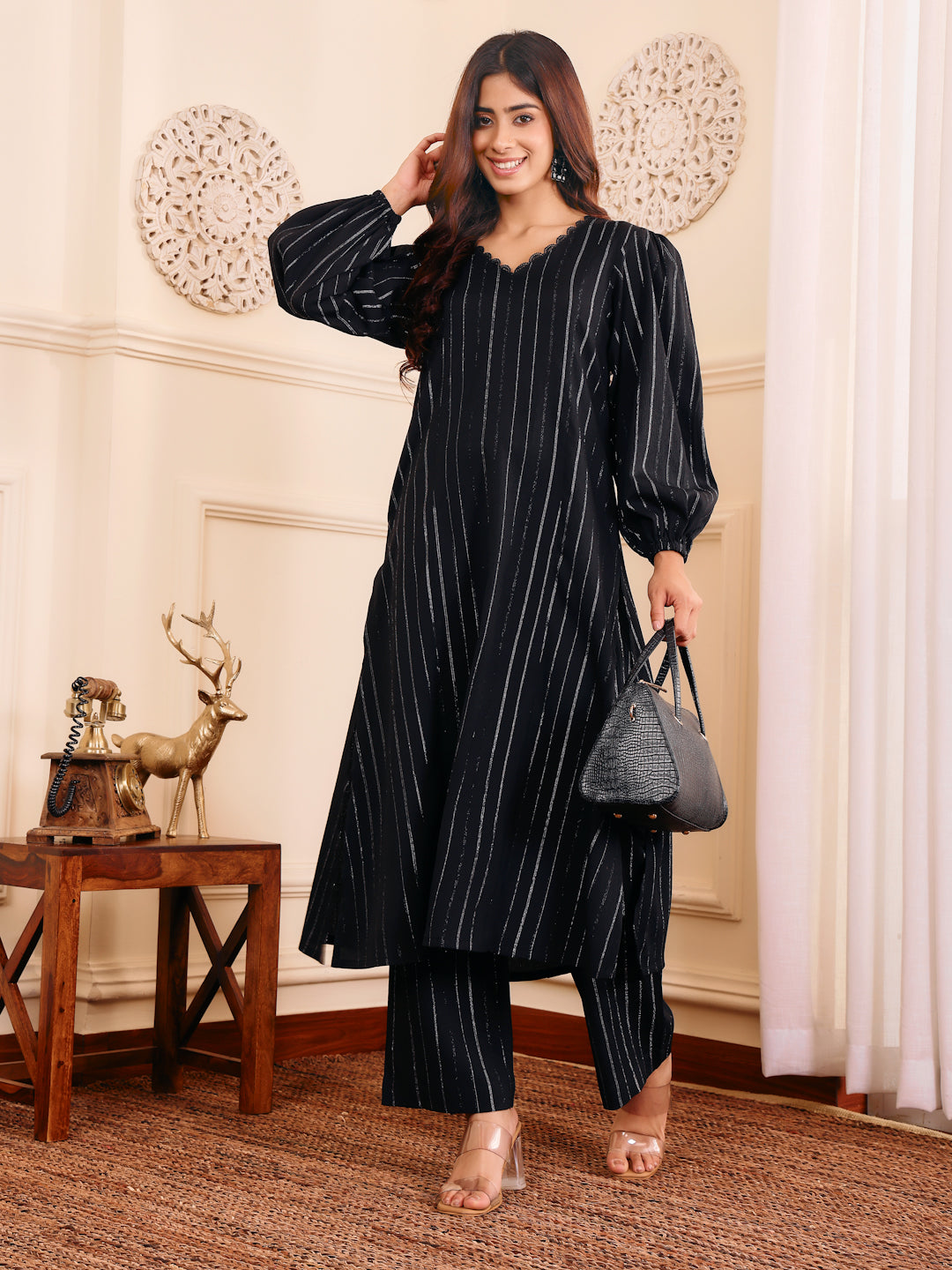 Dhiyona VR Women's Black Lurex A- Line Kurta With Trousers