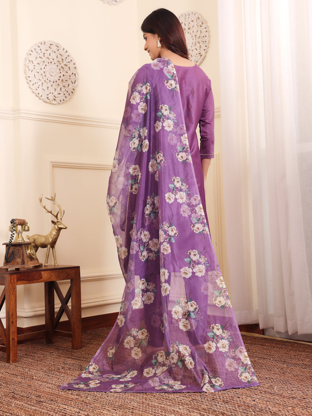 Dhiyona VR Women's Lavender Silk Floral Printed Stones Embellished Kurta Set With Dupatta