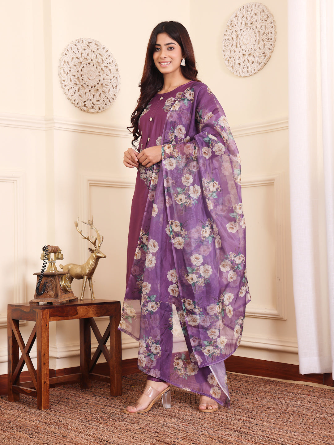 Dhiyona VR Women's Lavender Silk Floral Printed Stones Embellished Kurta Set With Dupatta