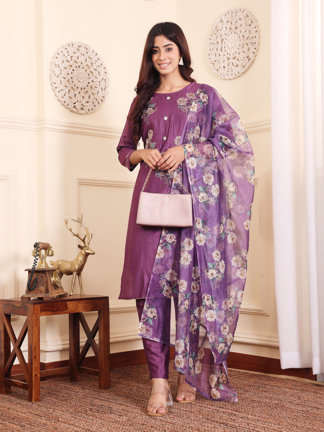 Dhiyona VR Women's Lavender Silk Floral Printed Stones Embellished Kurta Set With Dupatta