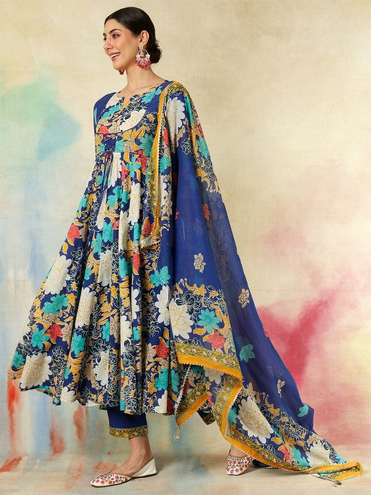 Women's Floral Printed Pure Cotton Anarkali Kurta With Trousers And Dupatta