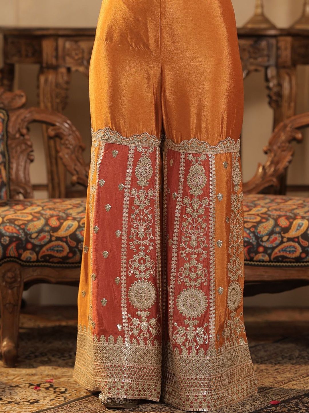Ethnic Motifs Embroidered Round Neck Zari Straight Kurta & Palazzos With Dupatta