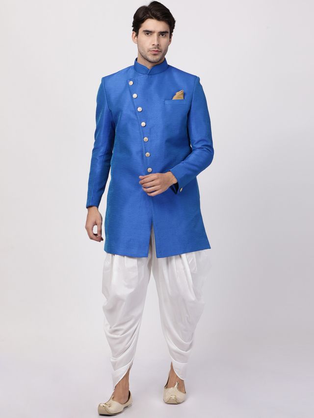 Men's Blue Silk Blend Straight Sherwani Set