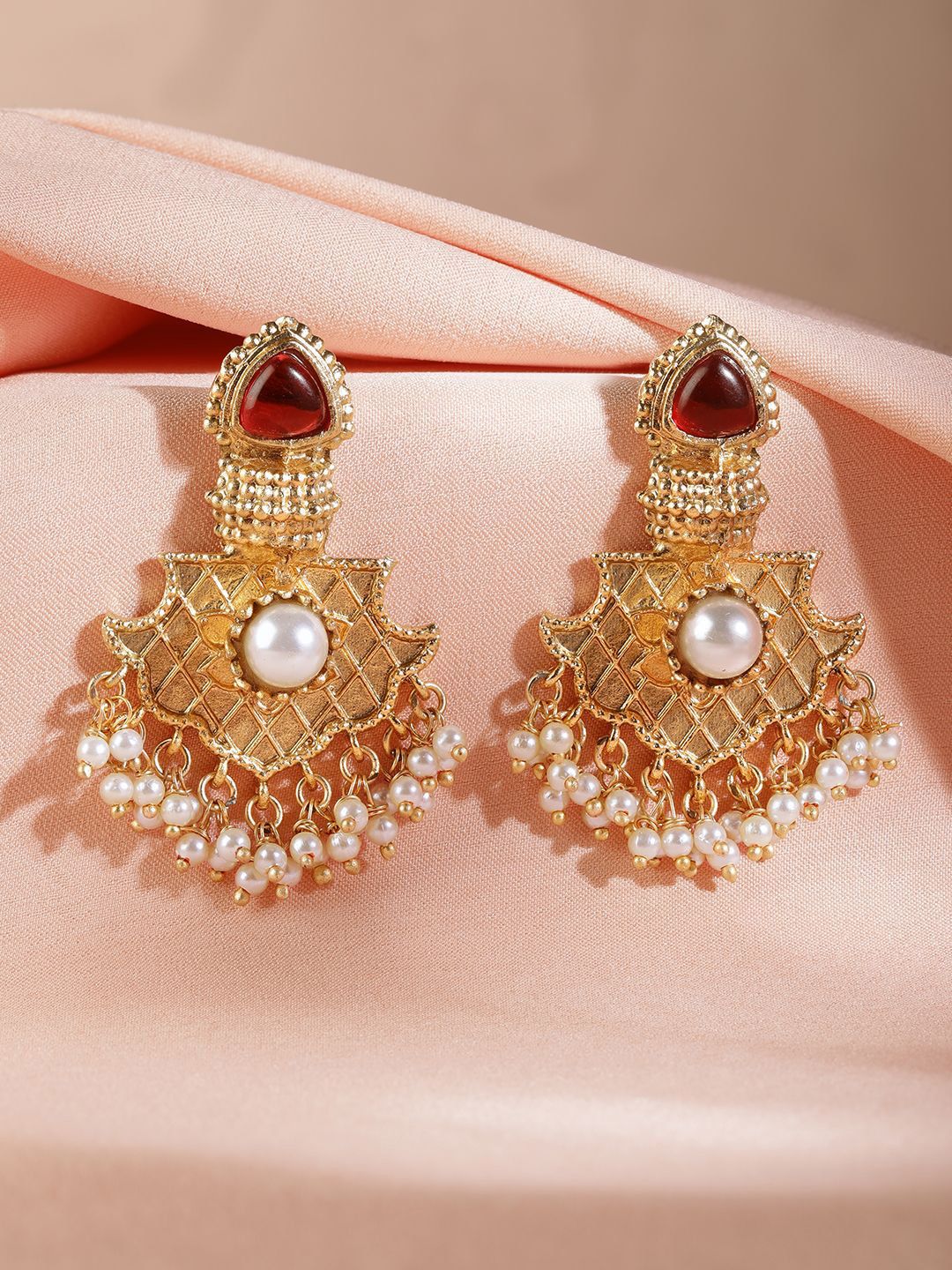 Dhiyona RJ Women's 22K Gold Plated Ruby & Pearl Studded & Beaded Handcrafted Traditional Chandbali