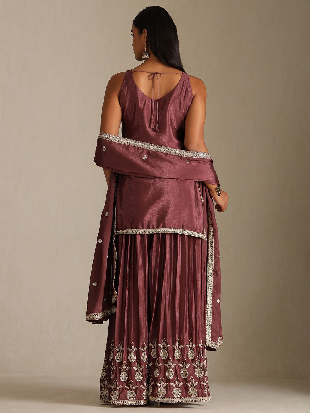 Dhiyona SO Women's Floral Embroidered Chinon Shoulder Straps Straight Kurta with Palazzos & Dupatta