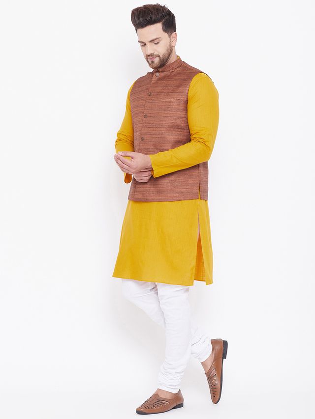 Men's Mustard Cotton Blend Straight Jacket Kurta and Pyjama Set