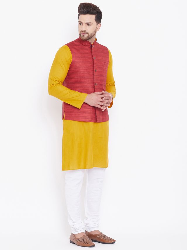 Men's Mustard Cotton Blend Straight Jacket Kurta and Pyjama Set