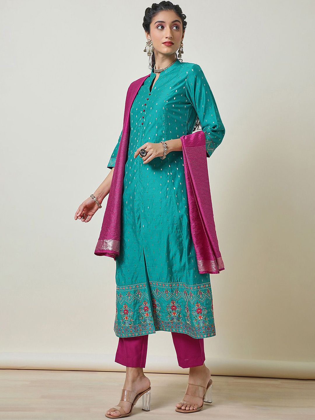 Dhiyona SO Women's Alina Cut Woven Design Mandarin Collar Thread Work Chanderi Silk Kurta &Trouser & Dupatta