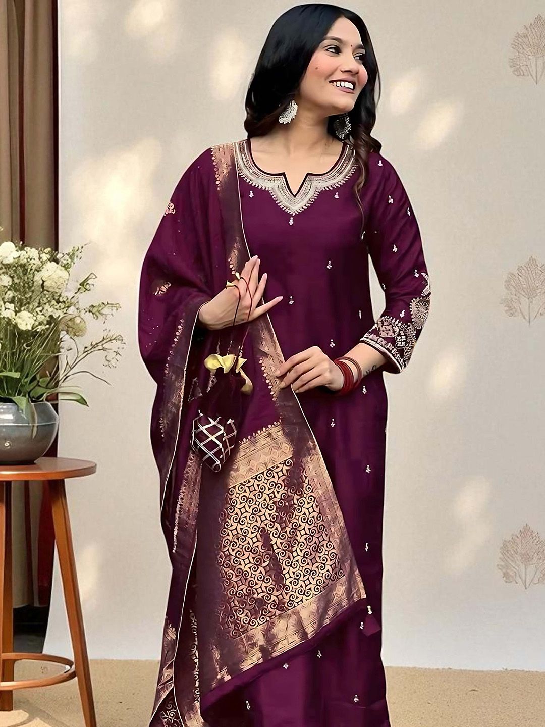 Dhiyona SN Women's Ethnic Motifs Embroidered Sequinned Straight Kurta & Pyjamas With Dupatta