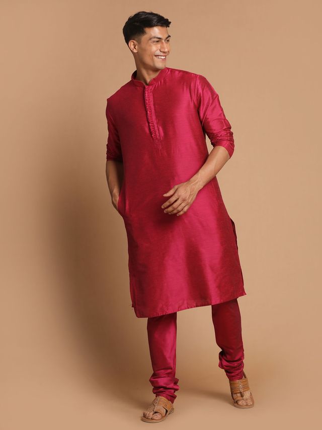 Men's Magenta Cotton Blend Straight Kurta