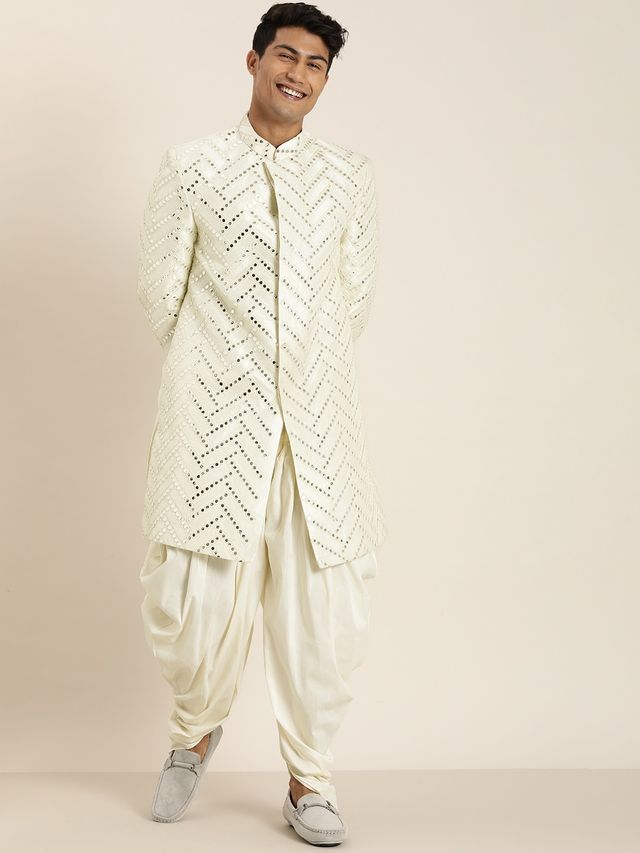 Men's Cream Silk Blend Straight Sherwani Set
