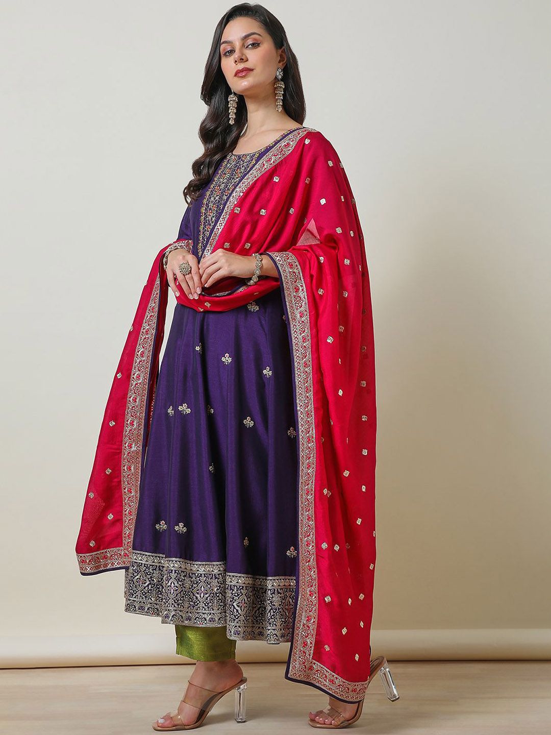Dhiyona SO Women's Purple Ethnic Motifs Embroidered Zari A-Line Kurta With Trousers & Dupatta
