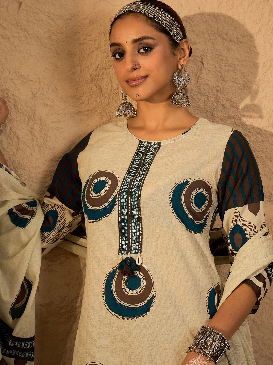 Dhiyona IE Women's Women Abstract Printed Cotton Kurta with Trousers & Dupatta