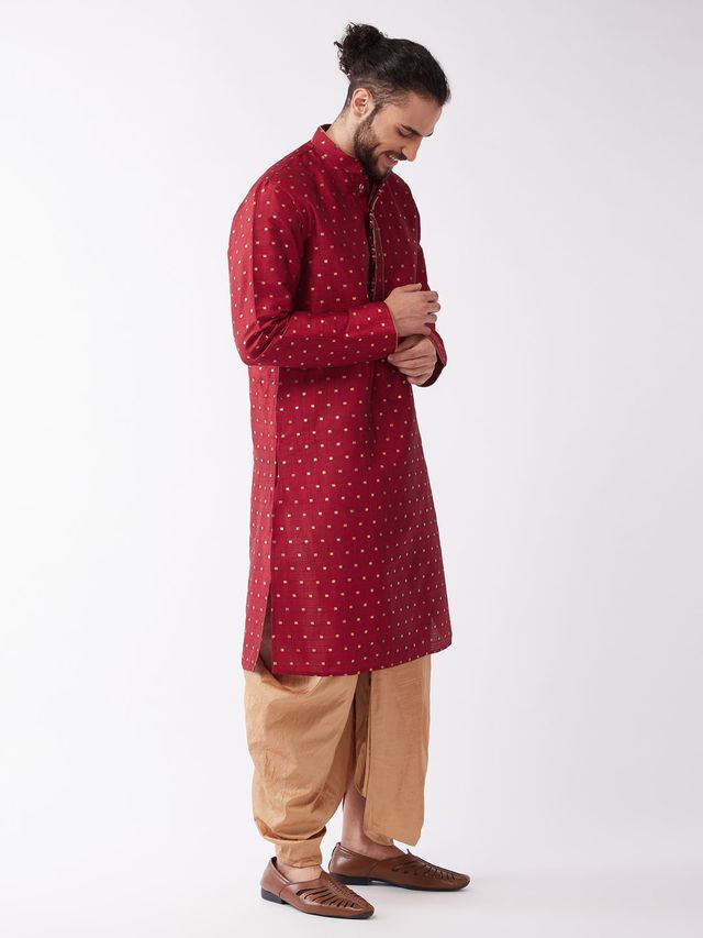 Men's Maroon Silk Blend Straight Kurta and Dhoti Set