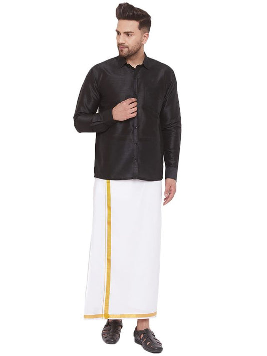 Men's Black Silk Blend Straight Shirt And Mundu