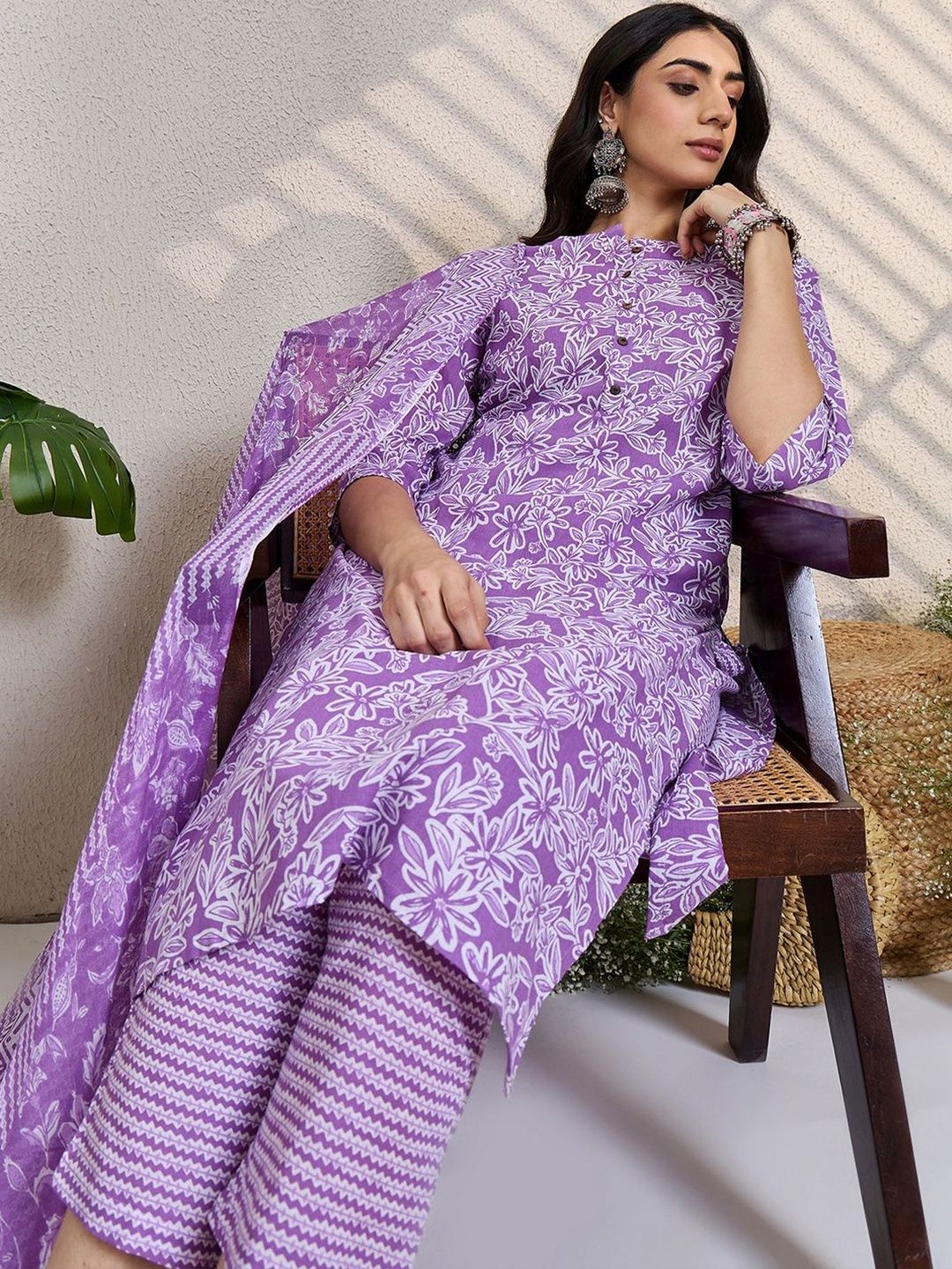 Women Floral Printed Regular Pure Cotton Kurta with Trousers & With Dupatta