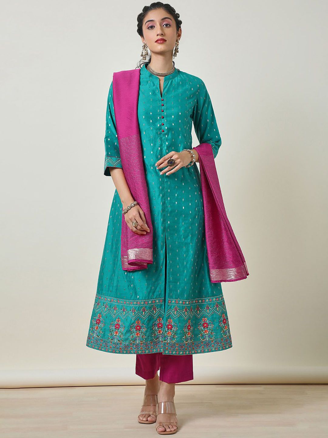 Dhiyona SO Women's Alina Cut Woven Design Mandarin Collar Thread Work Chanderi Silk Kurta &Trouser & Dupatta