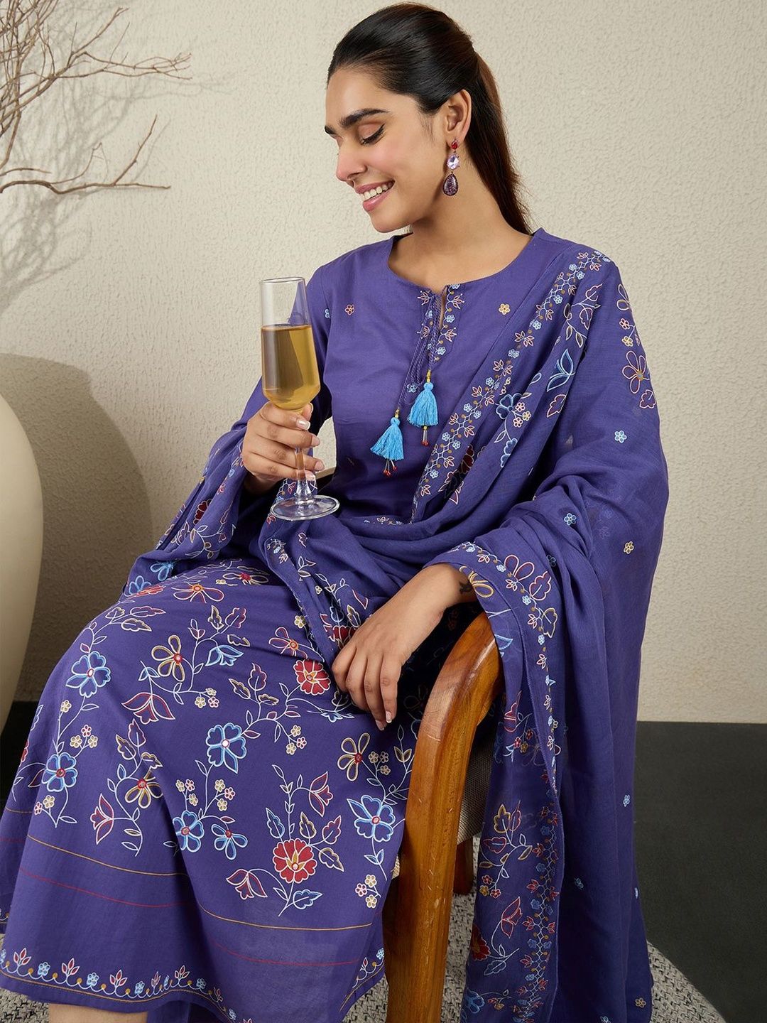 Women Floral Embroidered Cotton A-Line Kurta with Trousers & Dupatta