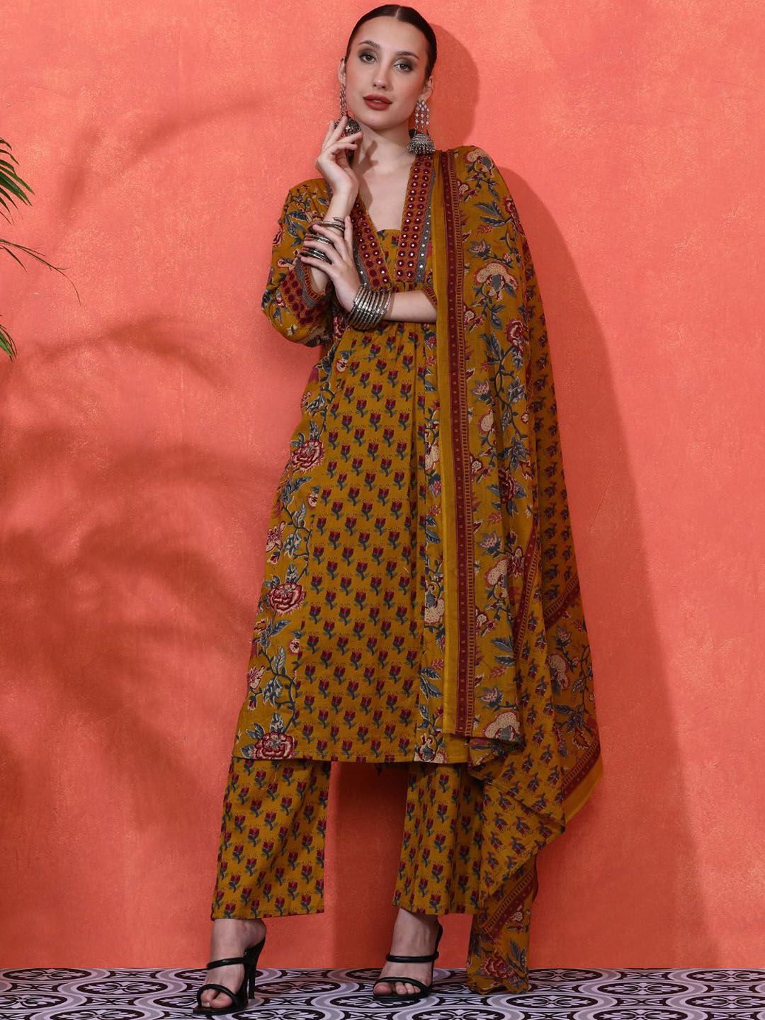 Dhiyona SN Women's Floral Embroidered A-Line Pure Cotton Kurta With Trousers & Dupatta