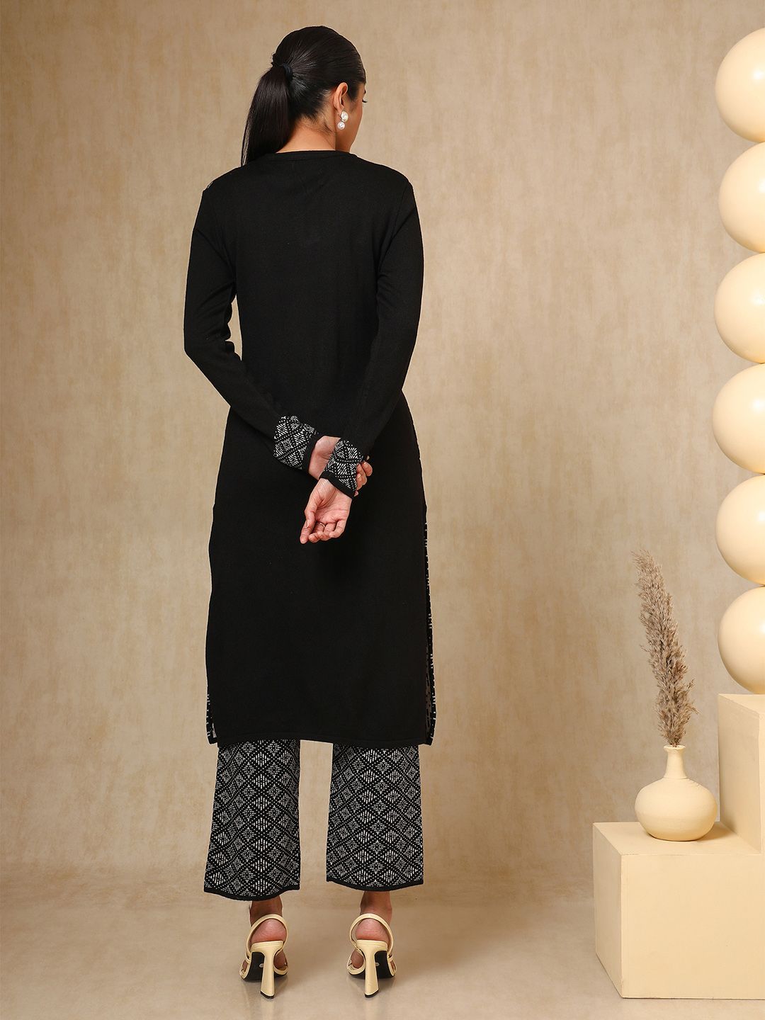 Dhiyona SO Women's Black Geometric Woven Design Mandarin Collar Acrylic Straight Kurta With Trouser