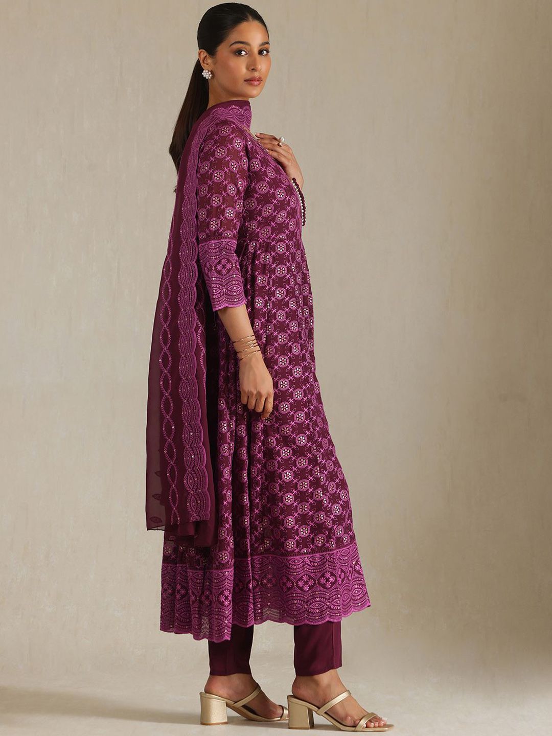 Dhiyona SO Women's Geometric Embroidered Thread Work Georgette Anarkali Kurta With Trousers And Dupatta