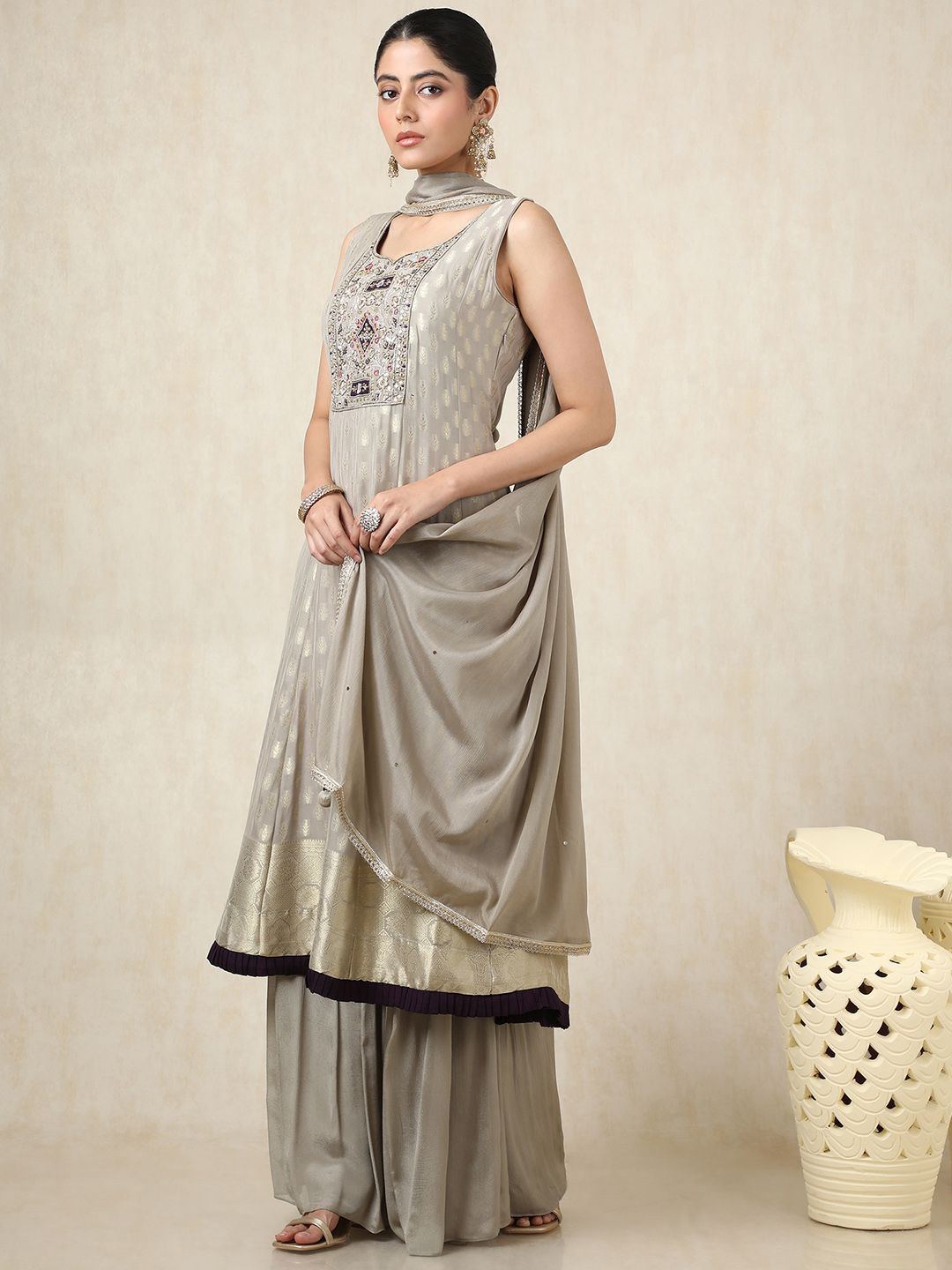 Dhiyona SO Women's Floral Woven Design Zari Work Sweetheart Neck Anarkali Kurta With Palazzos & Dupatta