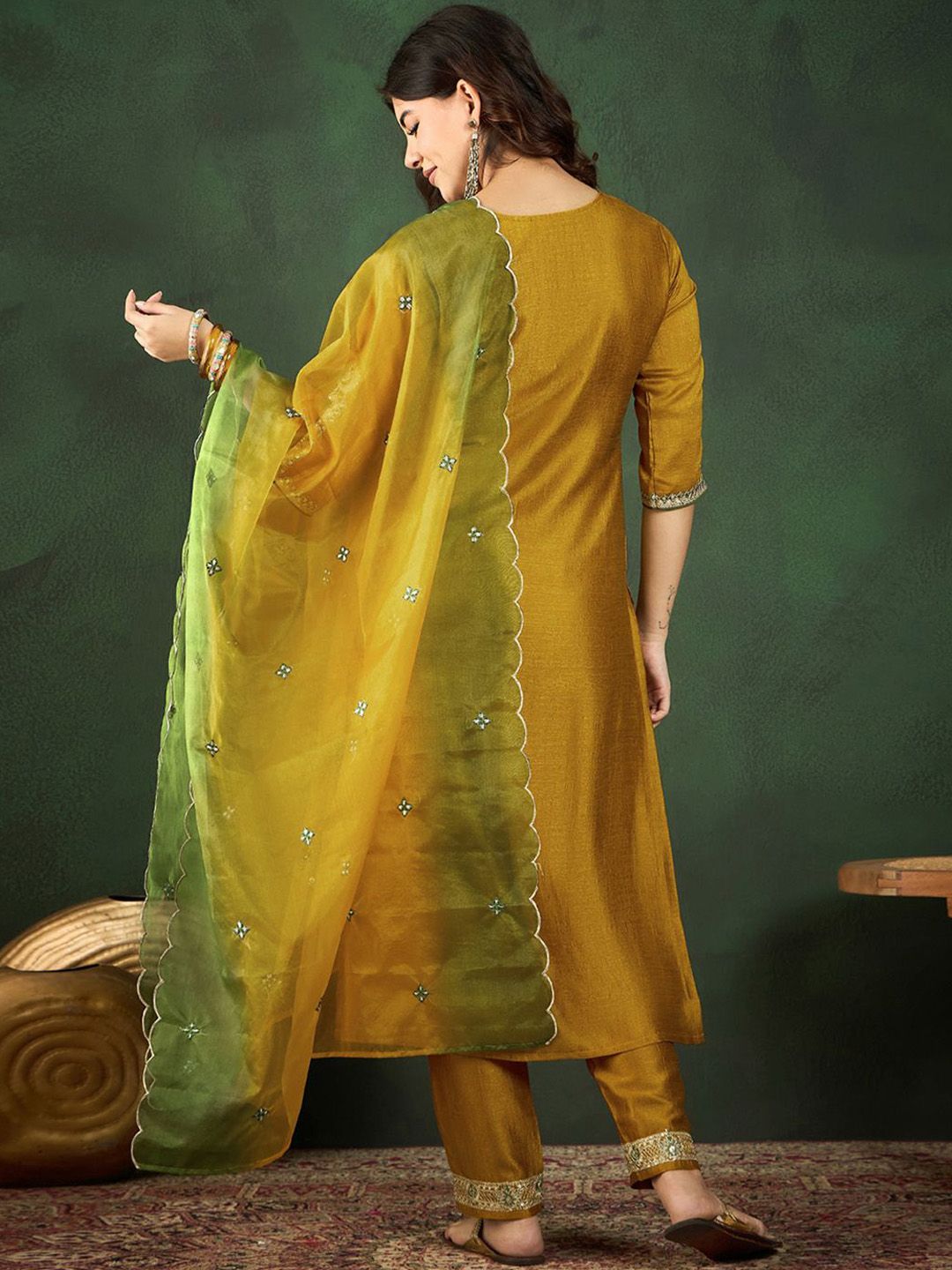 Dhiyona SN Women's Mustard Yellow & Green Floral Embroidered Zari Kurta With Trousers & Dupatta