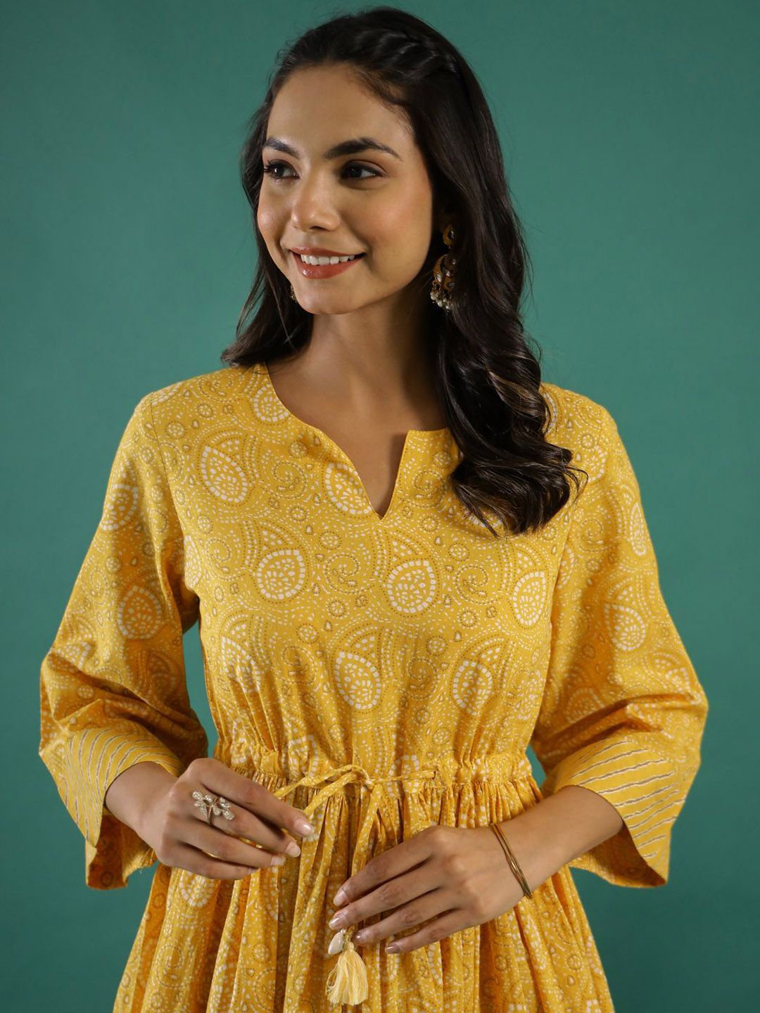 Dhiyona SN Women's Yellow Bandhani Printed Notch Neck Empire Anarkali Pure Cotton Kurta With Palazzos