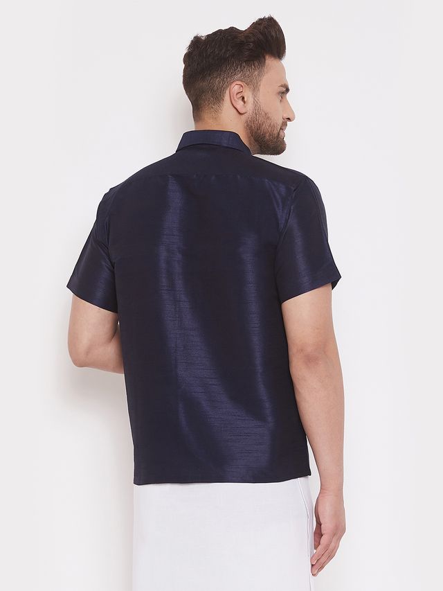 Men's Navy Blue Silk Blend Straight Shirt And Mundu