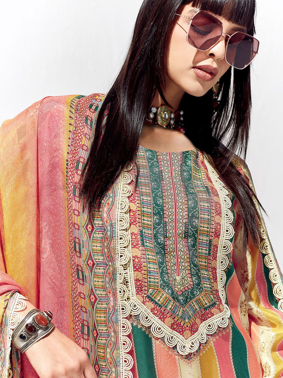 Dhiyona IE Peach Coloured Floral Printed Straight Kurta with Trousers & Dupatta