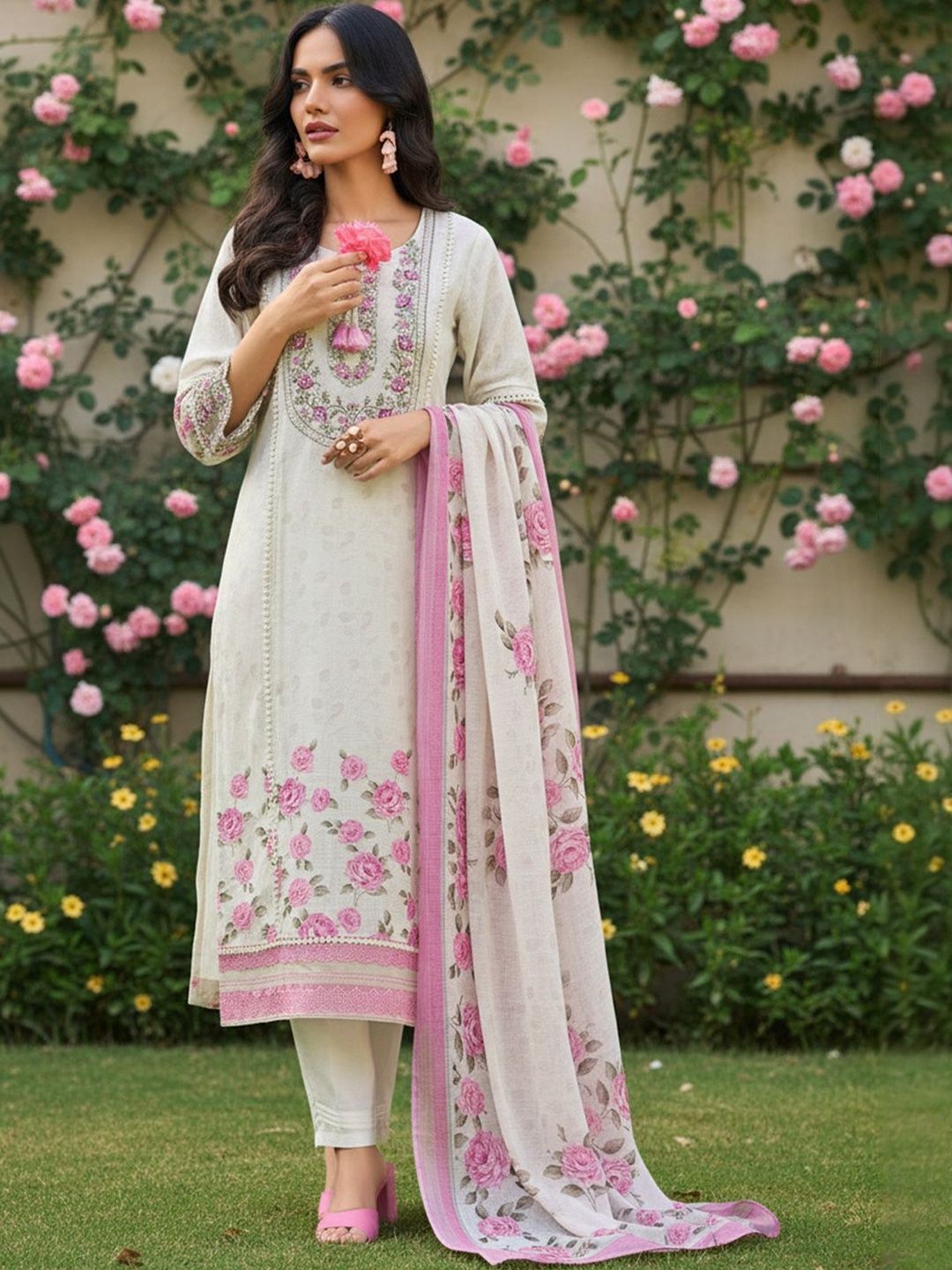 Floral Printed Round Neck Thread Work Linen Kurta With Trousers & Dupatta