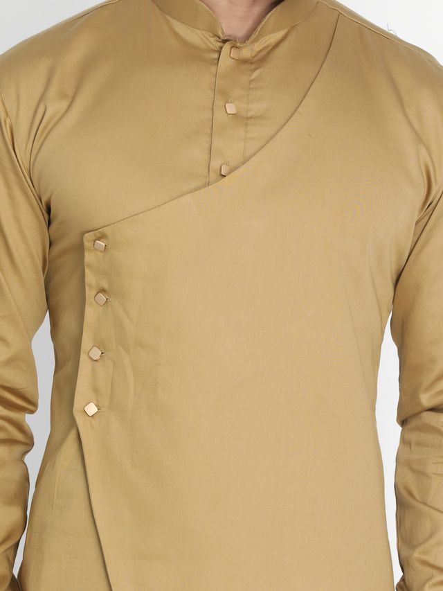 Men's Chiku Cotton Cotton Satin Asymmetric Kurta Pyjama Set