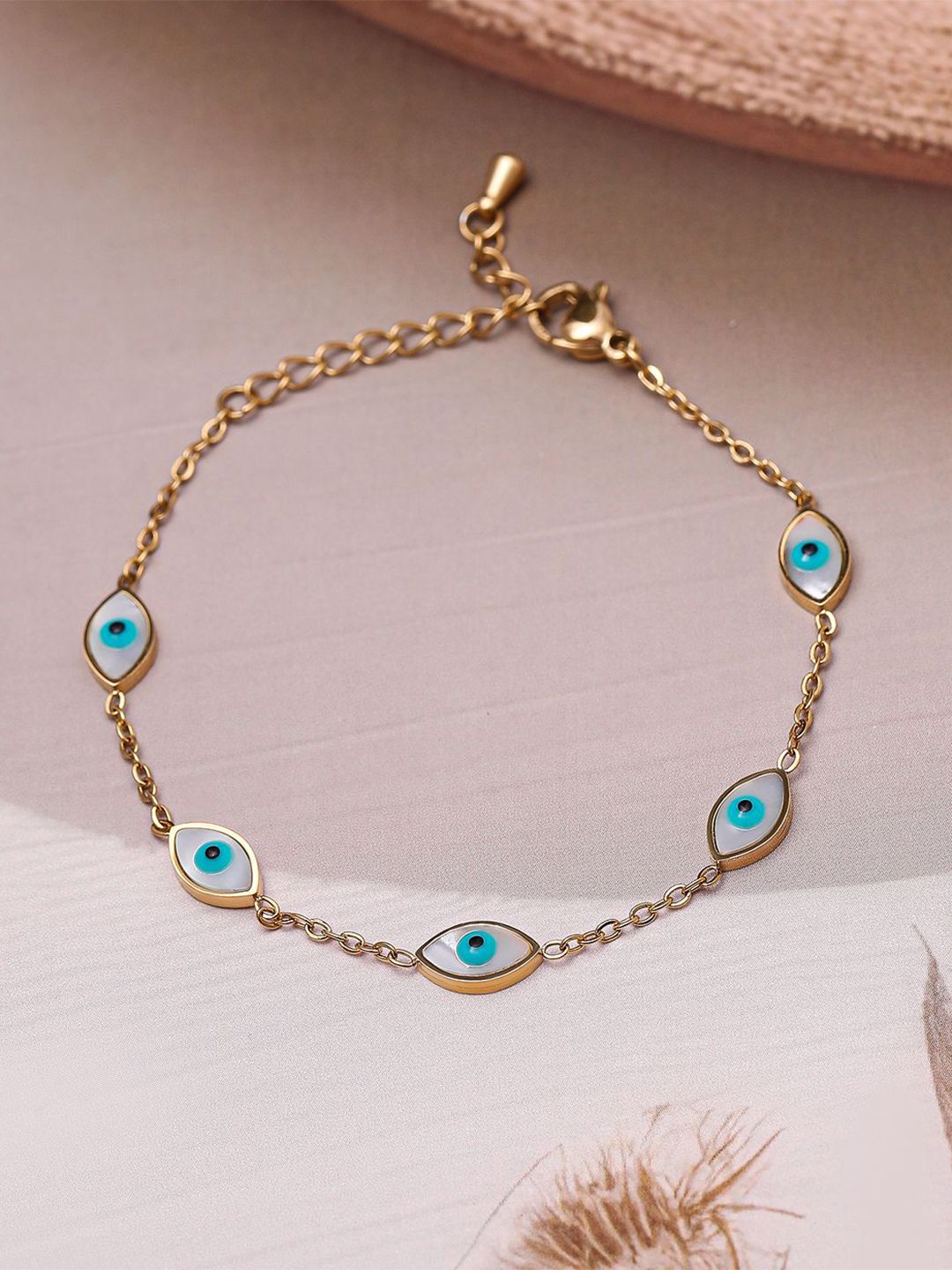 Dhiyona RJ Women's 18K Gold Plated Stainless Steel Tarnish-Free Waterproof Demi-Fine Evil Eye Bracelet