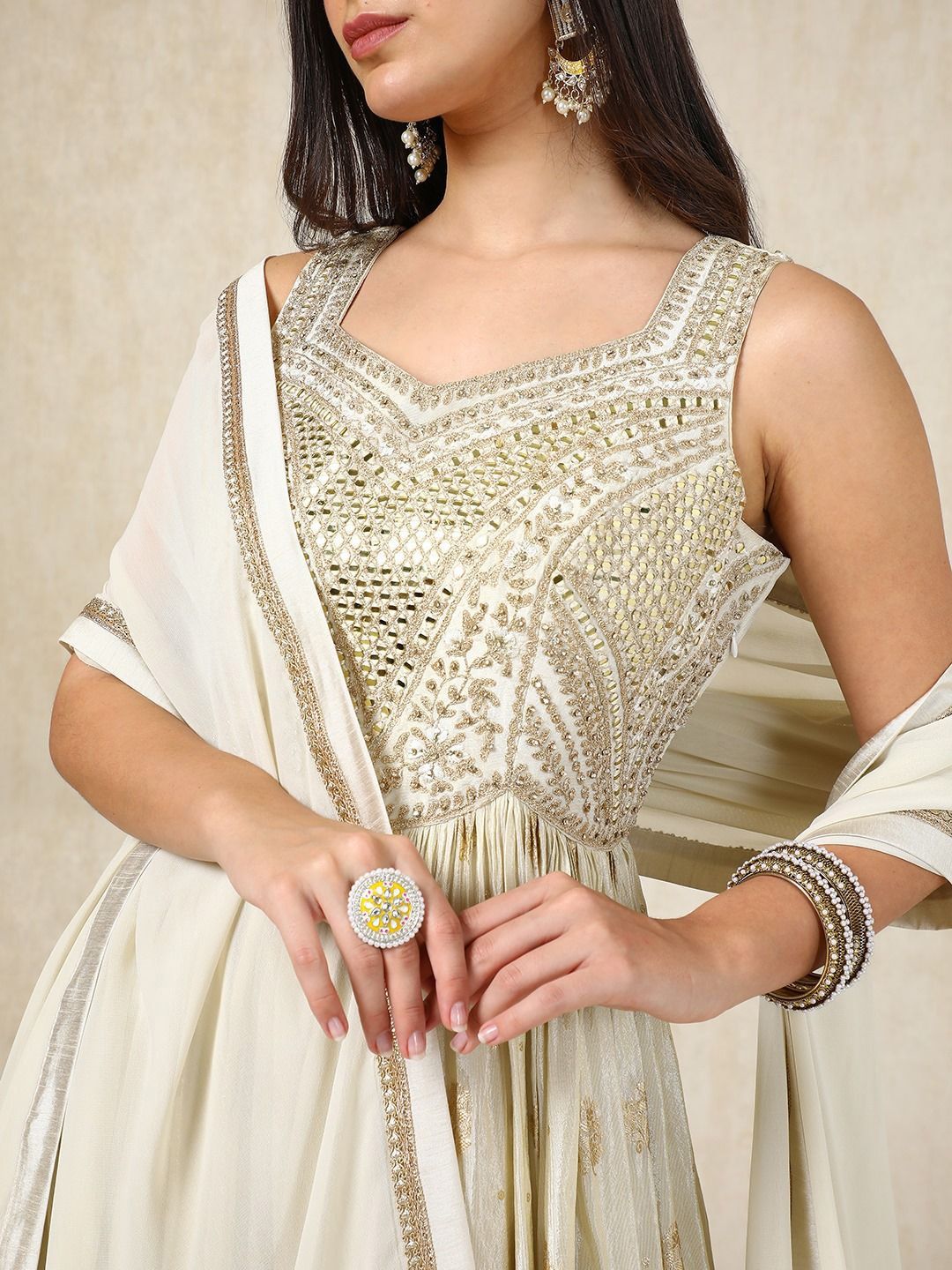 Dhiyona SO Women's Floral Woven Design Angrakha Mirror Work Anarkali Kurta with Churidar & Dupatta