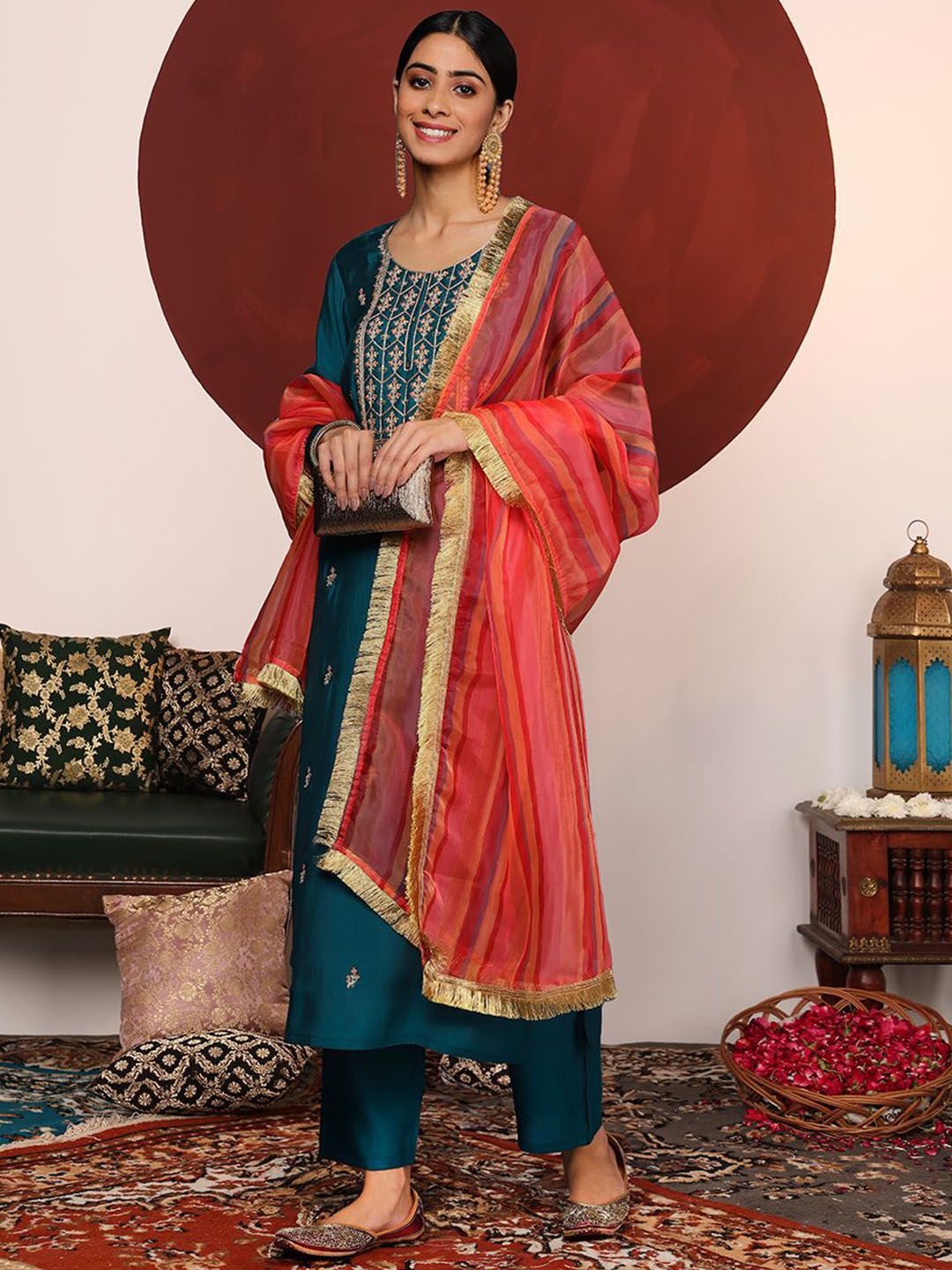 Dhiyona VA Women's Ethnic Motifs Embroidered Regular Thread Work Kurta with Trousers & With Dupatta