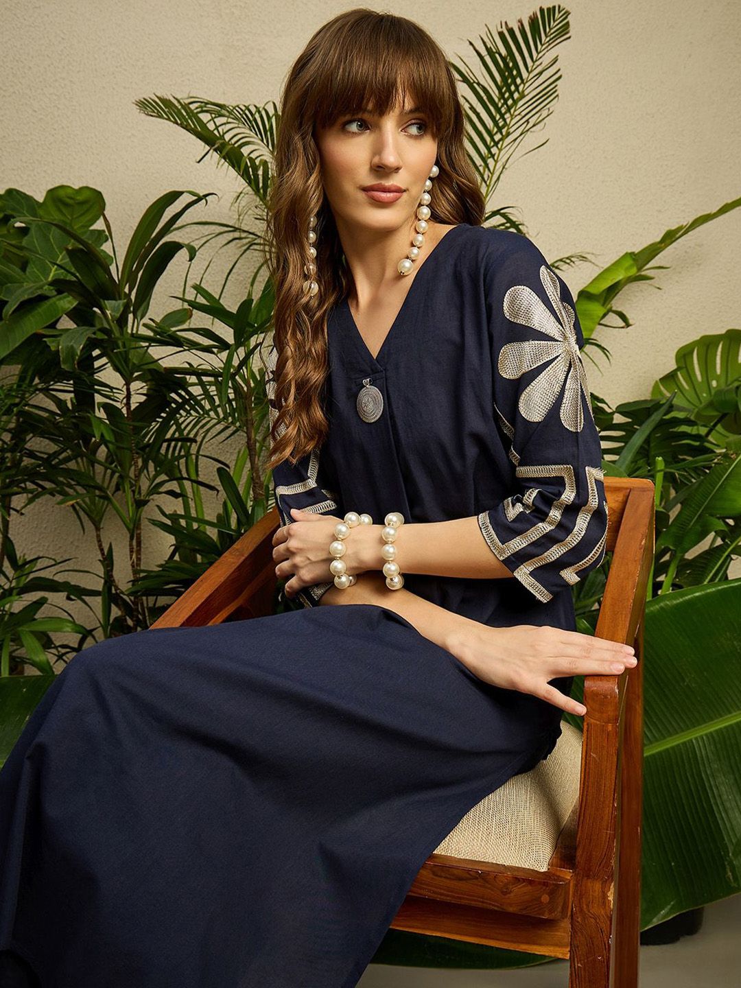 Dhiyona IE Embroidered Pure Cotton V-Neck Top With Trousers