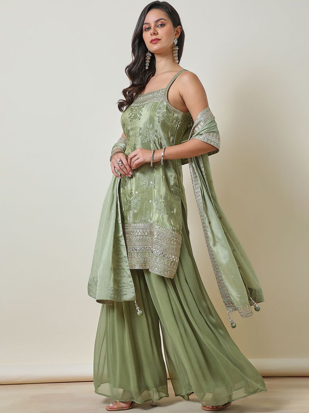 Dhiyona SO Women's Floral Embroidered Mirror Work Straight Kurti with Palazzos & Dupatta